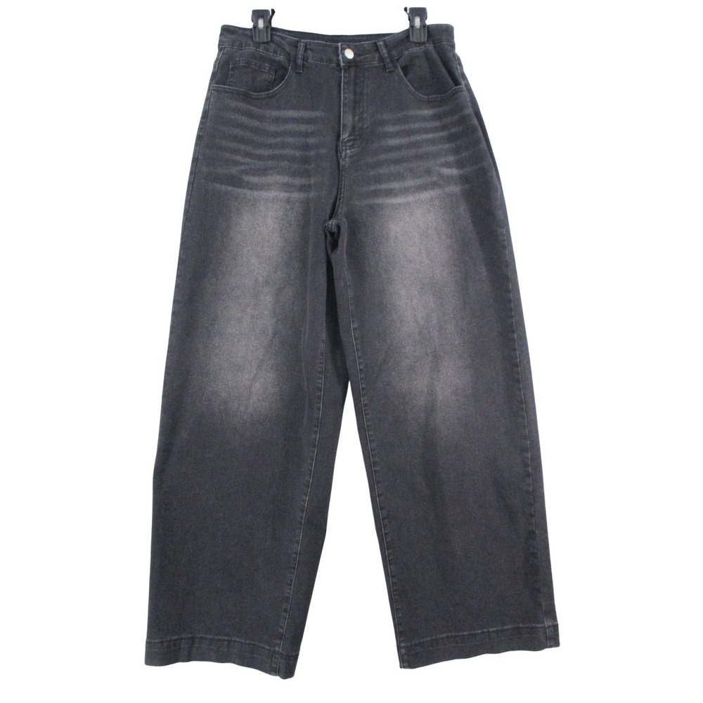 Unbranded Womens High Waisted Wide Leg Jeans Faded Black Whiskered Denim L